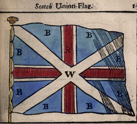 Page of a book. A colourful book illustration of a British flag, merging the white on blue saltire x and the red English cross. Each colour is coded with a corresponding letter – B for blue, R for red, and W for white. Typed text above reads, ‘Scotch Union Flag’.