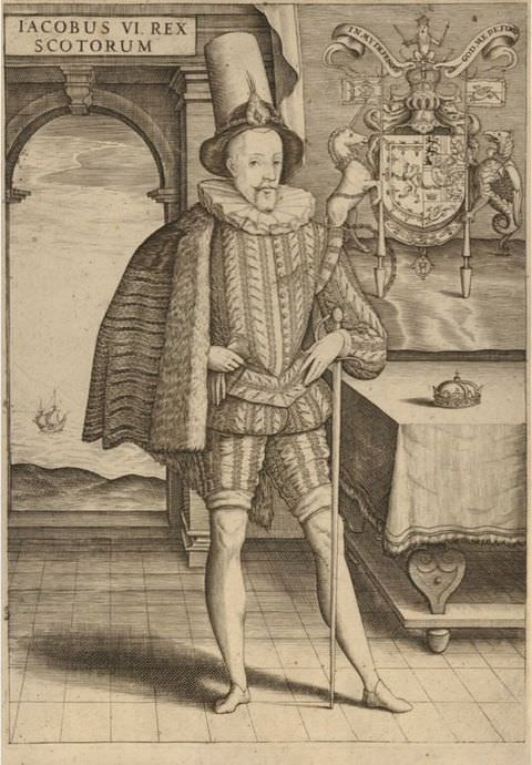 Page of a book. In this black and white book page an illustration shows a full-length portrait of a man smartly dressed in traditional, regal clothing including a corset, a ruffled collar, and a tall, richly adorned hat. A table to the right of the image has a crown on it, while a royal logo featuring a unicorn and a lion is illustrated above it. Above an arched doorway on the right is a plaque reading, ‘IACOBUS VI REX SCOTORUM’.