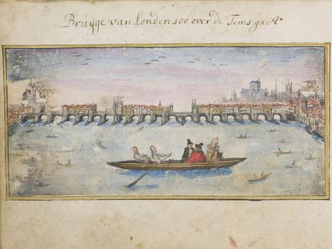 Drawing. A colourful illustration in landscape format showing the view across water to an arched bridge in the distance, and further buildings on the right. In the foreground is a rowing boat containing five people – two rowers in white clothing at the front, and three people at the back in black, white, red, and yellow. 