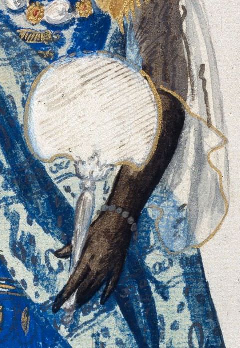 Drawing. A close-up detail of a drawing. This cropped view shows a black woman’s left hand and lower arm holding a paper fan over her blue and gold patterned dress. She wears a beaded bracelet on her wrist. 