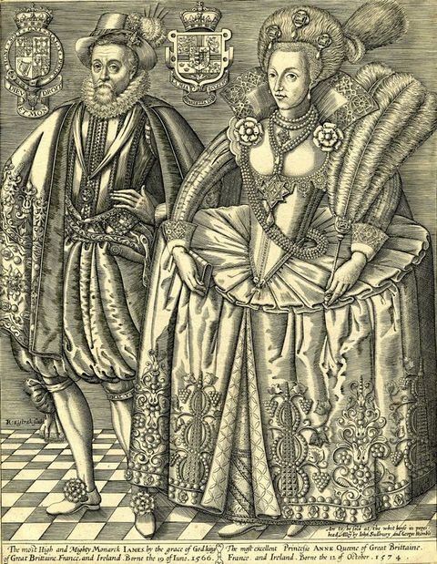 Photograph. A black and white illustration shows a man and a woman standing closely side by side, dressed in formal, historical clothing. She wears a silky dress with a corset waist, and he wears a knee-length tunic with a cape. They stand on an indoor, chequered floor, and have royal insignia placed by each of their heads. A small passage of text runs below them.