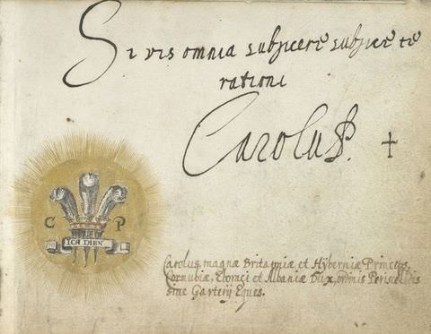 Colour photograph. Documentation of a handwritten note on white, aged paper with various patches of light brown staining. A logo featuring three feathered plumes on a golden sun adorns the left side of the paper, while loosely handwritten text fills the remaining paper.