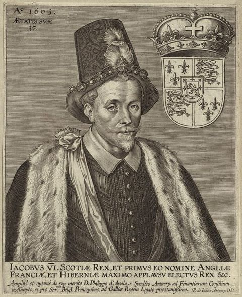 Page of a book. In this book illustration we see a portrait of a man with a wide moustache and a small beard, wearing an ermine fur trimmed cape and a tall, narrow-brimmed hat with a feather on its front. The British royal insignia is on the upper right of the image, and text runs along the lower section.