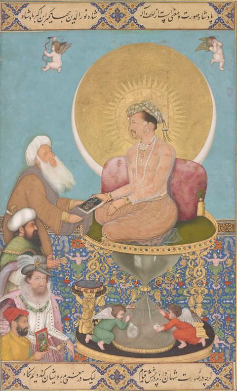 Painting. A colourful, patterned scene that centres around a man kneeling down on the top part of a sand timer, with a golden sun behind his head. He passes a book to a bearded man on the left of the image, who leads us towards a further three men in the left lower corner. In the centre, two cherubs in red and green robes lean on the lower part of the timer.