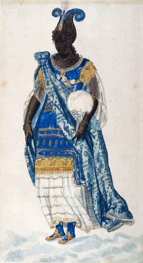 Drawing. This colourful drawing on white paper shows a full-length portrait of a black woman dressed in blue and white clothing with passages of gold detail. On her head she wears an elaborate blue headdress, and she holds a white, feathered fan in one hand. 