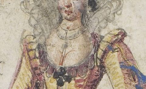 Drawing. A close-up detail of a drawing showing the lower half of a woman’s face, her necklace-lined decolletage, and the upper part of her gold and purple decorated dress with puffed sleeves.