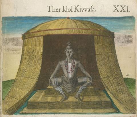 Page of a book. A colourful book illustration showing a seated person dressed in simple clothing, including a beaded necklace and a tasselled sash tied around their waist. They sit on a raised platform within the open front of a slightly domed, tent-like structure. Blue sky and green grass can be seen behind the tent. Above the image text reads, ‘Ther Idol Kivvala. XXI.’