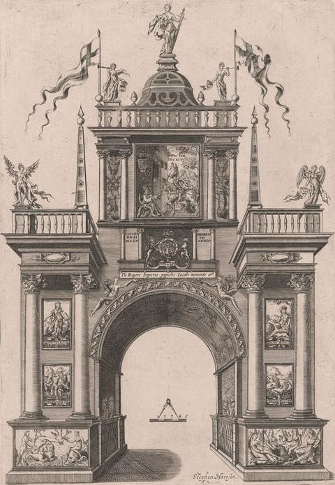 Drawing. A black and white detailed drawing of a stone archway on a white paper. The front of the structure is decorated by 4 pillars, and a series of rectangular, low-relief carvings. Above the arch is a raised ceiling area, topped with three small standing stone figures. 
