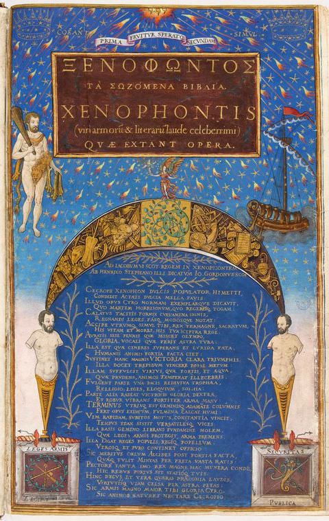 Page of a book. This colourful, illustrated page of a book features bold typeface text on a brown panel reading ‘XENOPHONTIS’. Surrounding illustrations include statuesque men with fantastical features, and a fantastical golden boat with red sails riding on the crest of a wave.