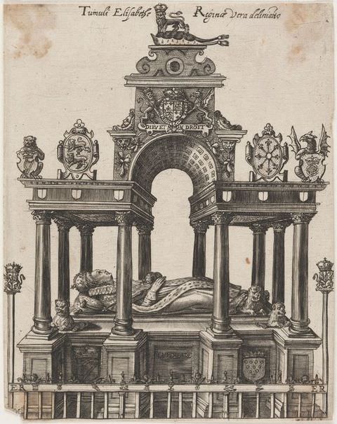 Drawing. In this black and white drawing is a small, open monument containing a reclining, statue-like figure. The ceiling of the monument is supported by a series of columns which cage the figure in, while an arched ceiling curves above. The tiered roof of the structure is adorned with regalia including animals holding shields and, in the top centre, a standing lion wearing a crown. A short passage of cursive text runs overhead.
