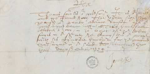 Digital facsimile. A handwritten note in cursive style writing in brown pen on white paper. To the lower right of the paper the signature ‘James R’ can be read. The letter is stamped with a logo bearing a crown and the text ‘Register House Edinburgh’.