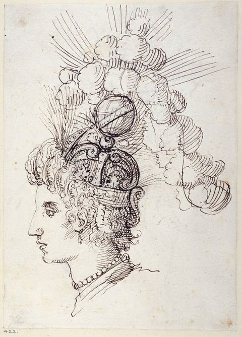 Drawing. This black and white ink drawing shows a person from a side-on view, with head facing to the left. They have short, or tied-up curly hair and wear a crown with elaborate, billowing decorations piled on its top that spill out over the back. A pearl earring is visible on their left ear, and a pearl necklace surrounds their neck.