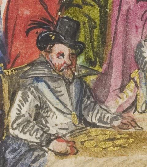 Drawing. A colourful illustration of a man with a ginger beard wearing a white jacket and a black hat. His legs are tucked under a table just visible in the foreground and colourful draped fill the background behind him.
