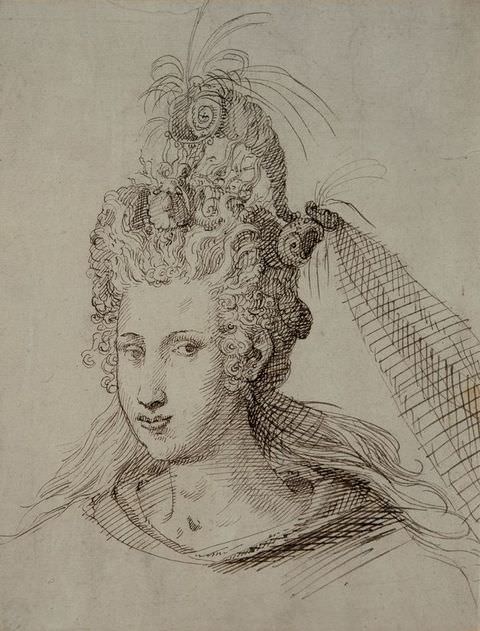 Drawing. A black and white ink drawing of a woman’s head and neck. She looks out towards us with a slight smile, and has a tall, elaborate hairstyle containing ruffles, feathers, and ribbons.