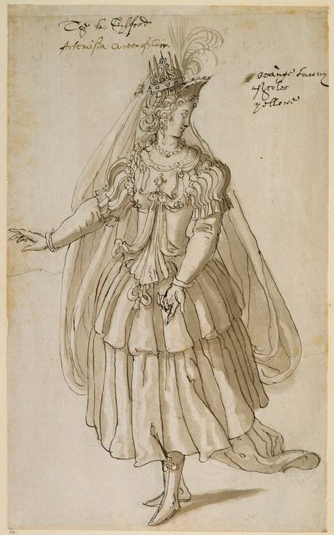 Drawing. A black and white, full-length portrait of a woman wearing a long, flowing dress with a fitted corset and puff sleeves. She wears a crown on her head, which is turned gently to one side, and lightly raises her arms in a swaying movement. Small passages of handwritten text can be seen in the upper image.