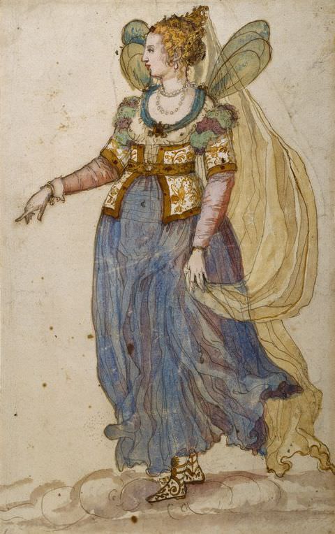 Drawing. In this colourful drawing on white paper, we see a woman wearing a long, flowing blue skirt, gold, patterned shoes, a fitted, white and gold jacket over purple sleeves, fairy wings on her back, and a long, pale-yellow scarf flowing from her hair to the ground. Her head is turned to the left side of the image.