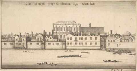 Photograph. A wide book page features an illustration of the view across a canal to lined up buildings of differing heights beyond. Rowers can be seen tugging boats along the canal. A row of text at the upper centre reads, ‘Palatium Regis prope Londinum, vulgo, White hall’. 