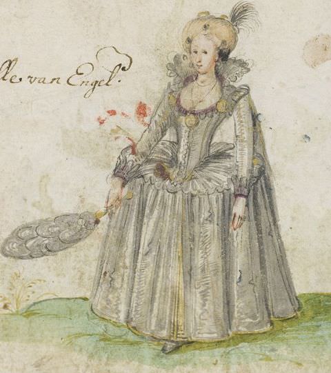 Drawing. A colourful, full-length sketch of a woman on white paper, wearing a grey dress, with a full skirt and corseted waist, and an elaborate updo hairstyle with a protruding feather. She holds a large feathered fan in her right hand, extending it outwards. Green grass is lightly washed in below her feet. Two handwritten words can be seen to the image’s upper left. 