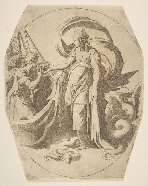 Drawing. A grey drawing on white paper shows a standing figure in long, draped clothing, turning their head to the left. A serpent curls at their feet, and a small dragon-like creature hides on the right of the image. To the left of the image is a slightly kneeling figure, who appears to take an object from the standing figure. The paper is folded slightly on each corner to form an octagonal shape.